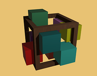 Several blocks of different colors misaligned inside a larger
            cube-shaped wooden frame.