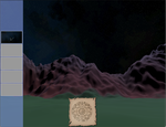 A screenshot of a HUD including a parchment and some stars
                overlaying a first-person view of mountains against a starry sky.
