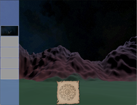 A screenshot of a HUD including a parchment and some stars
            overlaying a first-person view of mountains against a starry sky.